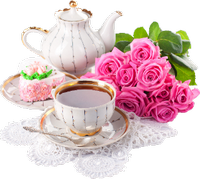 a pot of tea with flowers and a cake